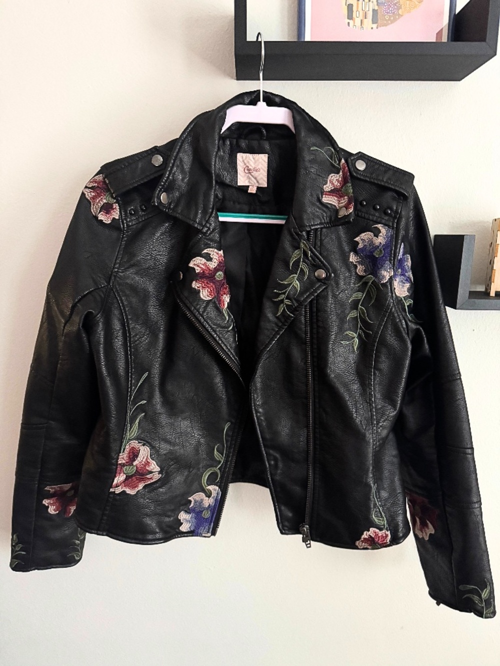 Candie’s Black Faux Leather Floral Embroidered Moto Jacket